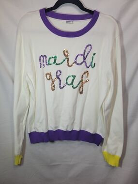 WHY White 'Mardi Gras' Sequin Crewneck Sweater with Purple & Yellow Trim
